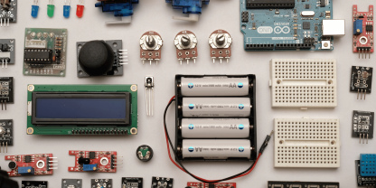 Flat lay of component parts of an electronic device